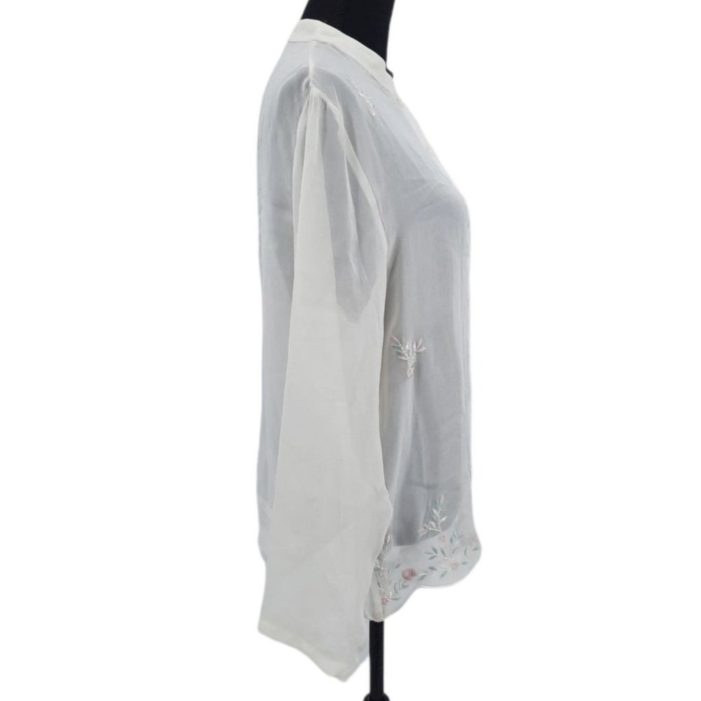 VTG 80s Smithsonian Institution Sheer Chiffon Embroidered Scalloped Hem Blouse M - Picture 9 of 11